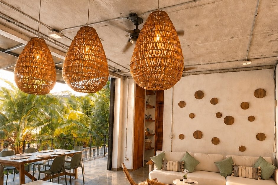 Casa Coquito as pictured in the Airbnb listing: an open-air living space looking out toward the pool terrace.